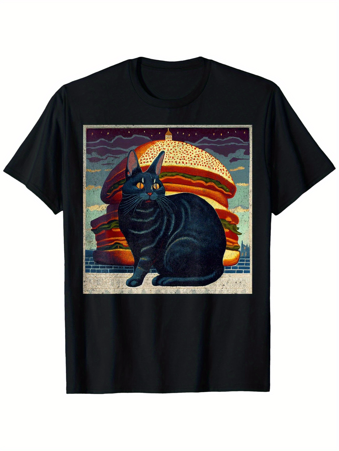Men's Graphic T-Shirt Retro Style Painting With Black Cat In Front Of Cheeseburger