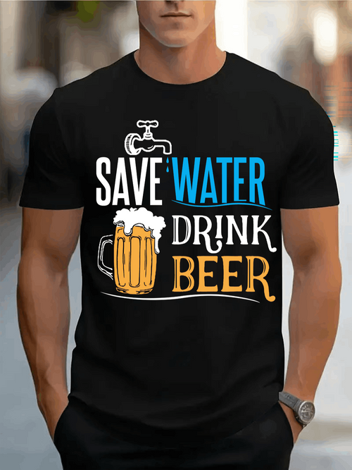 Men's Graphic T-Shirt Save Water Drink Beer With Cartoon Beer Mug And Faucet