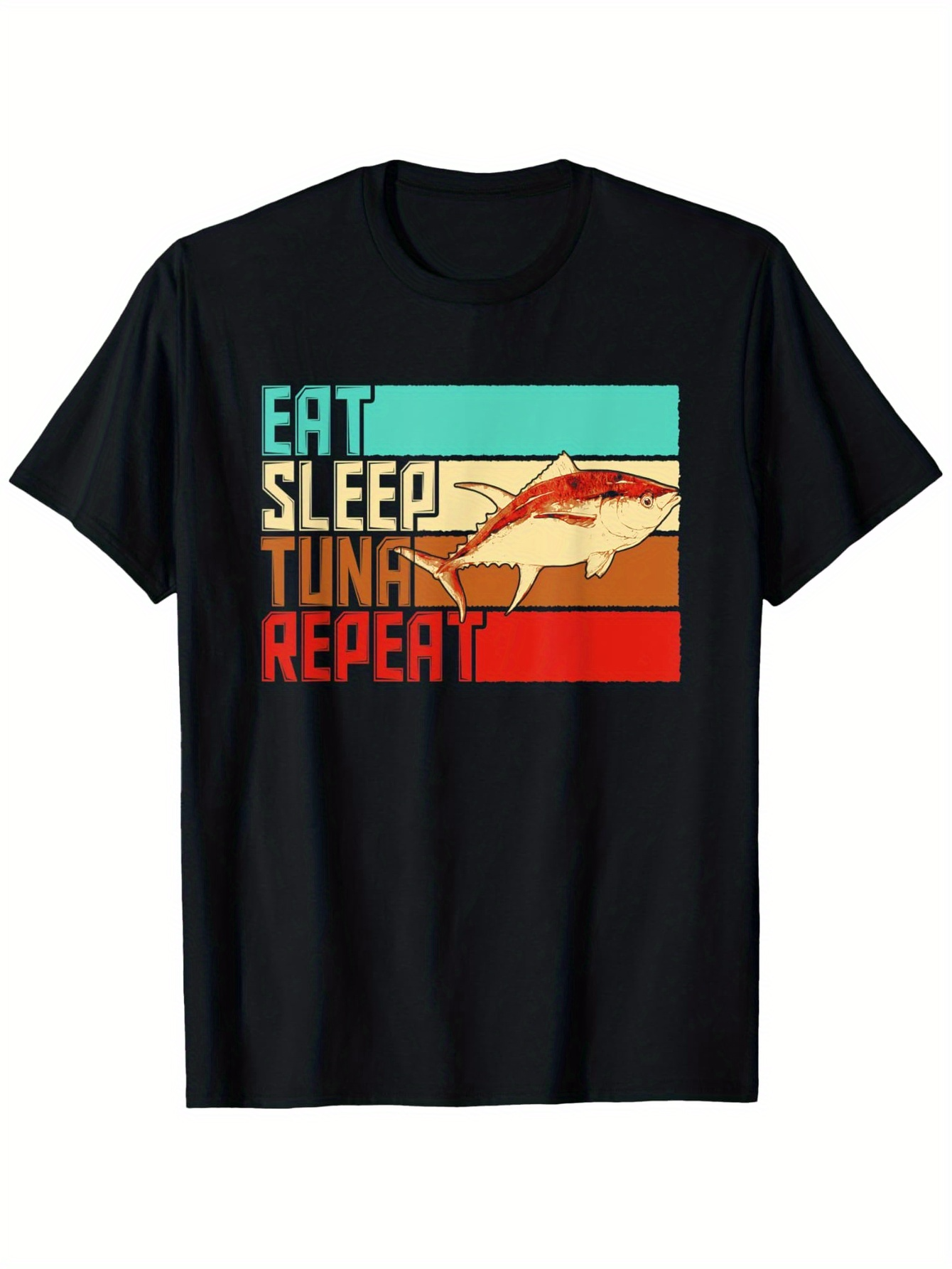Men's Graphic T-Shirt Eat Sleep Tuna Repeat Retro Colored Blocks With Swimming Tuna Fish