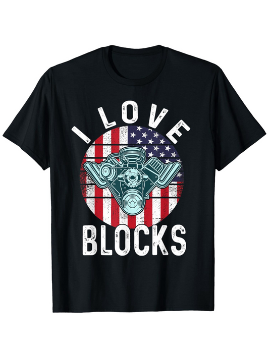 Men's Graphic T-Shirt I Love Blocks Engine Pistons With American Flag Silhouette Design