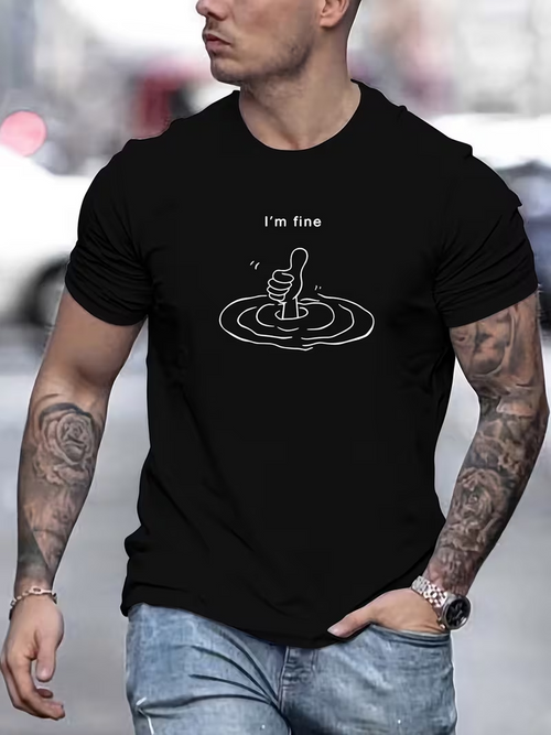Men's Graphic T-Shirt Im Fine Minimalist Water Ripples With Drowning Hand In Black