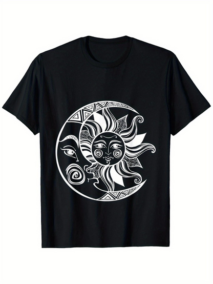 Men's Graphic T-Shirt Tribal Black And White Sun And Crescent Moon Graphic Face