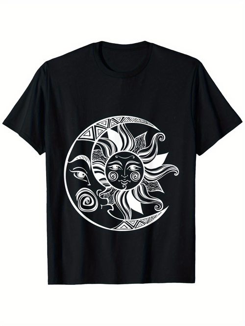Men's Graphic T-Shirt Tribal Black And White Sun And Crescent Moon Graphic Face
