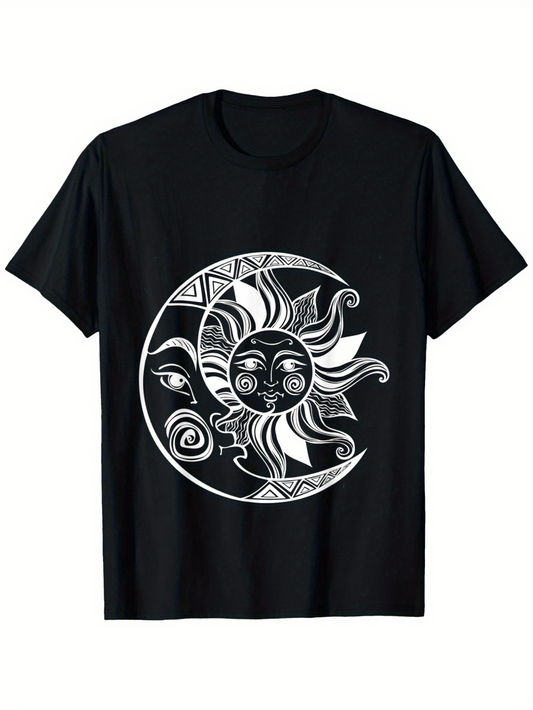 Men's Graphic T-Shirt Tribal Black And White Sun And Crescent Moon Graphic Face