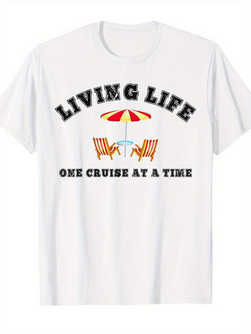 Men's Graphic T-Shirt Living Life With Deck Chairs Under Colorful Beach Umbrella