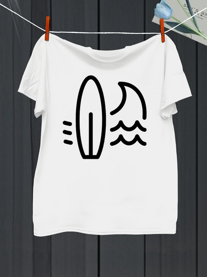 Men's Graphic T-Shirt Minimal Waves Alongside Surfboard Beside Flowing Abstract Water