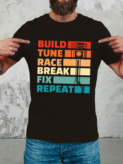 Men's Graphic T-Shirt Build Tune Race Break Fix Repeat Vintage Stripes With Engine Piston Graphic