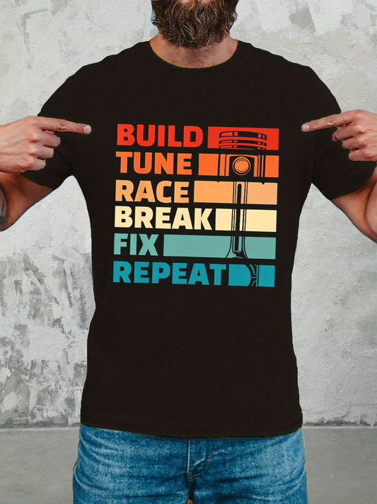Men's Graphic T-Shirt Build Tune Race Break Fix Repeat Vintage Stripes With Engine Piston Graphic