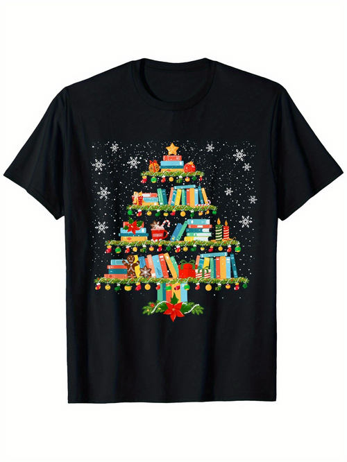 Men's Graphic T-Shirt Colorful Books Arranged As Christmas Tree Under Falling Snowflakes
