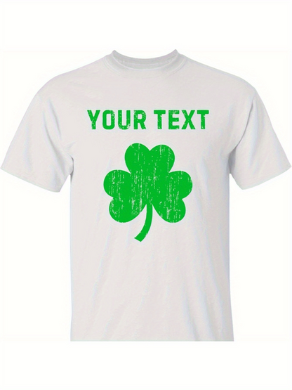 Men's Graphic T-Shirt Your Text Bright Green Shamrock Over White Cotton Tee