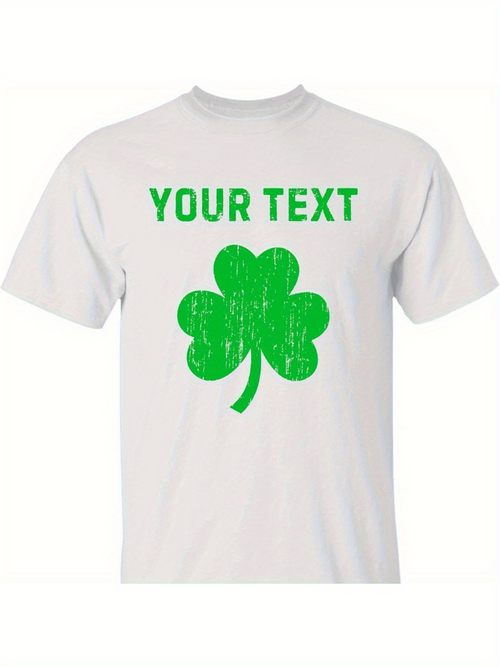 Men's Graphic T-Shirt Your Text Bright Green Shamrock Over White Cotton Tee