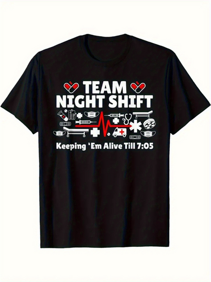 Men's Graphic T-Shirt Team Night Shift With Red Heartbeat Line And Medical Icons T Shirt
