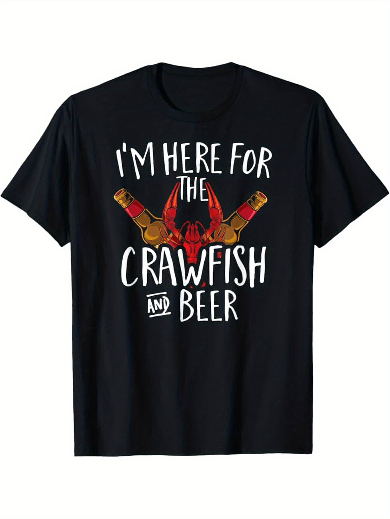 Men's Graphic T-Shirt Im Here For The Crawfish And Beer Playful Bottles Surrounding Red Crawfish Design