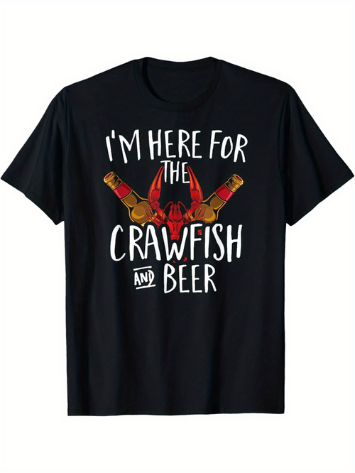 Men's Graphic T-Shirt Im Here For The Crawfish And Beer Playful Bottles Surrounding Red Crawfish Design