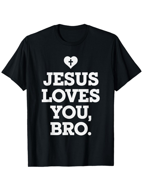 Men's Graphic T-Shirt Jesus Loves You Bro Bold Letters With Heart And Cross