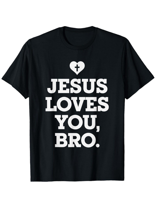 Men's Graphic T-Shirt Jesus Loves You Bro Bold Letters With Heart And Cross