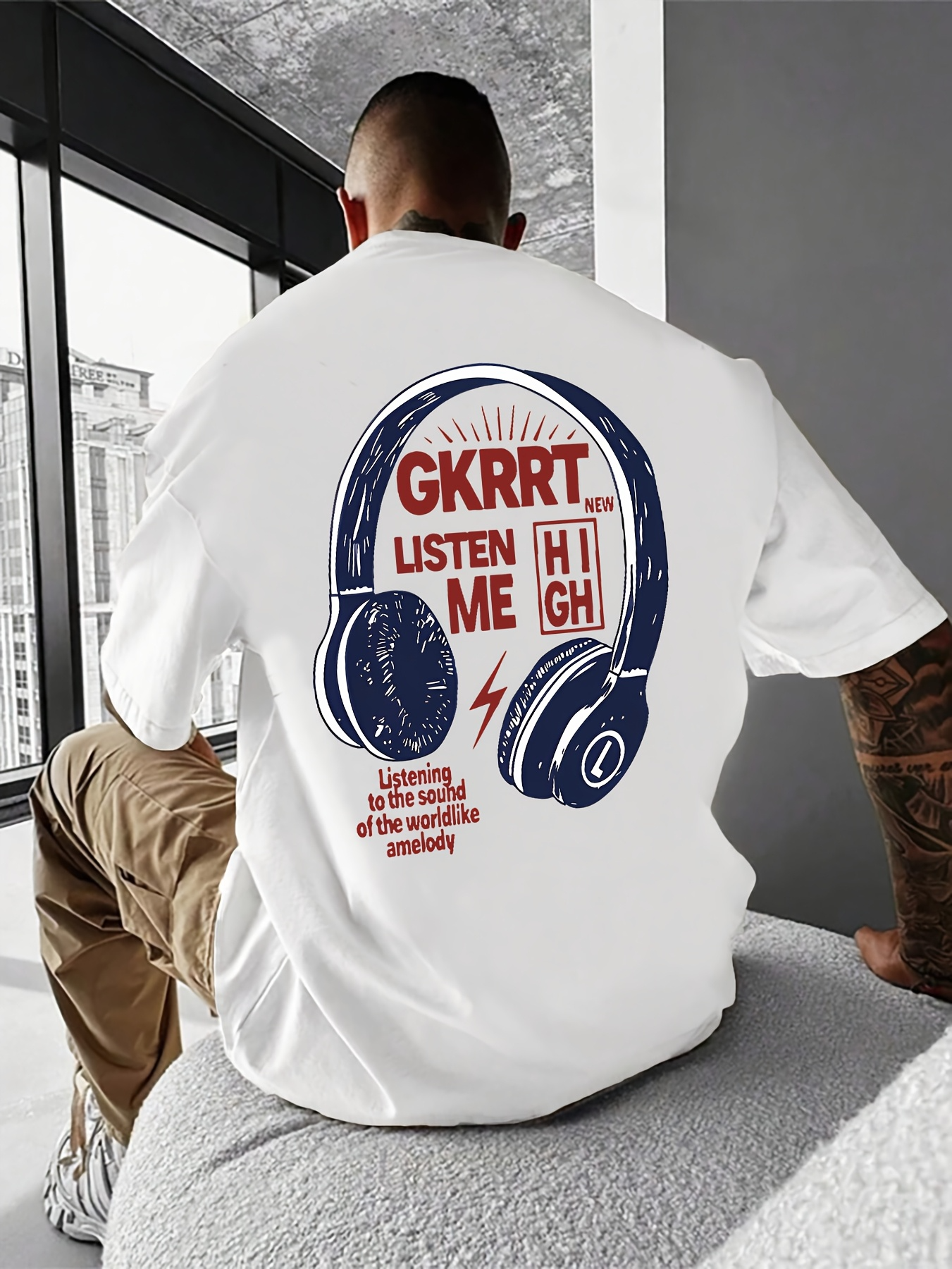 Men's Graphic T-Shirt Listen To Me With Large Headphones Under Bold Letters