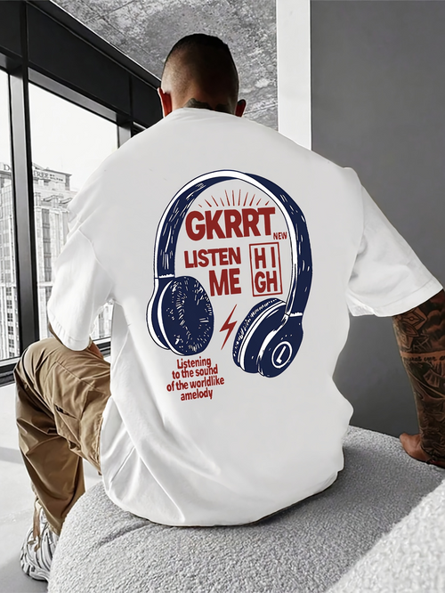 Men's Graphic T-Shirt Listen To Me With Large Headphones Under Bold Letters
