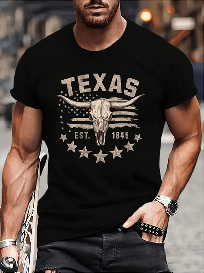 Men's Graphic T-Shirt Texas Skull With Stars And Faded Flag Elements Steer Head