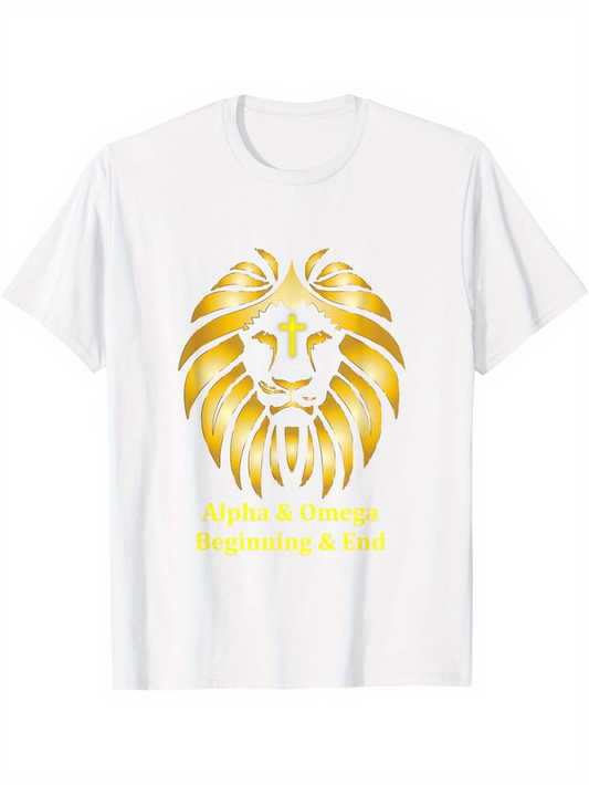 Men's Graphic T-Shirt Alpha Omega Beginning End With Gold Radiant Lion