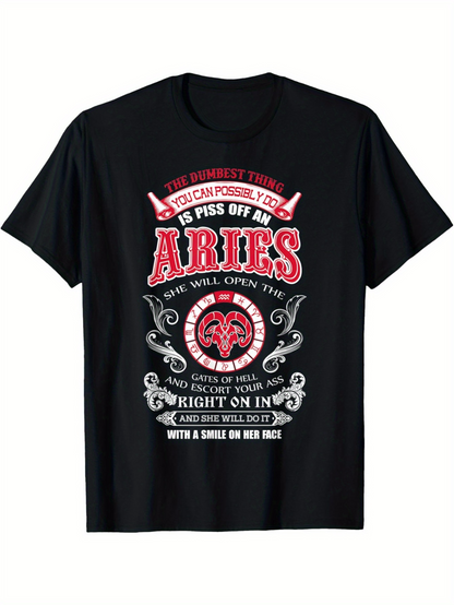 Men's Graphic T-Shirt Bold Zodiac Typography With Decorative Banner And Aries Ram Symbol