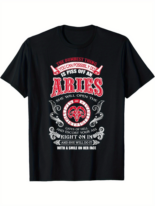 Men's Graphic T-Shirt Bold Zodiac Typography With Decorative Banner And Aries Ram Symbol