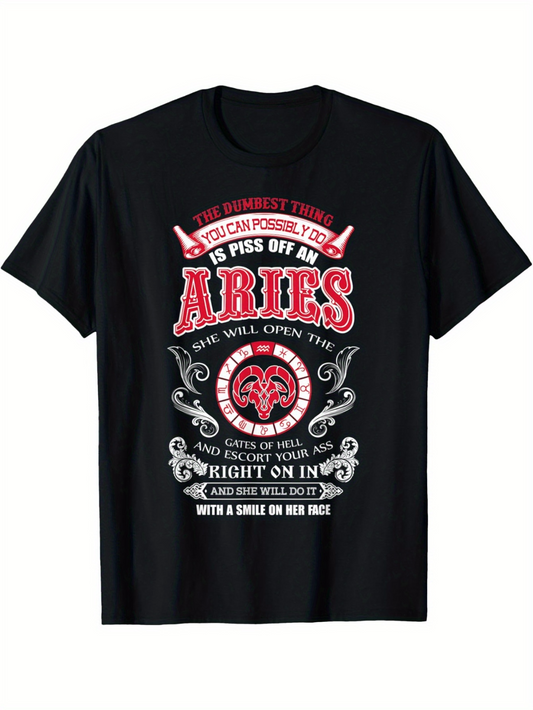 Men's Graphic T-Shirt Bold Zodiac Typography With Decorative Banner And Aries Ram Symbol