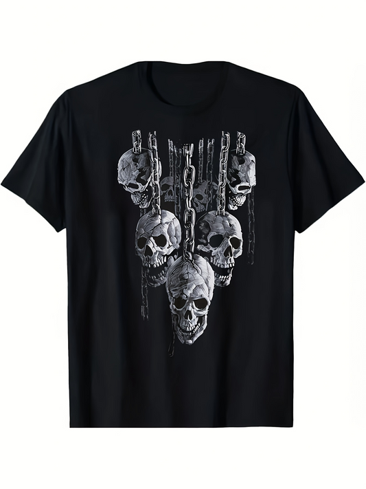 Men's Graphic T-Shirt Grungy Chains Dangling Among Dark Shadows Surrounding Creepy Human Skulls