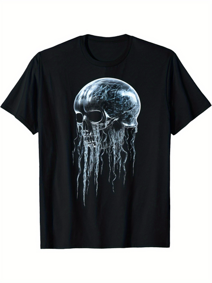 Men's Graphic T-Shirt Dark Ocean Fantasy With Glowing Skull And Flowing Jellyfish