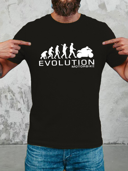 Men's Graphic T-Shirt Evolution Timeline With Human Progression Toward Racing Motorcycle