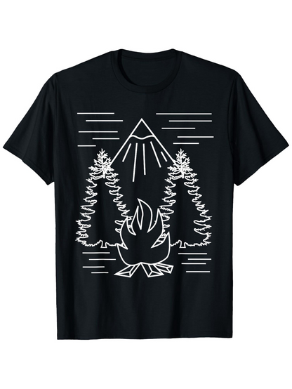 Men's Graphic T-Shirt Minimalist Line Drawing With Pine Trees Campfire And Majestic Mountain