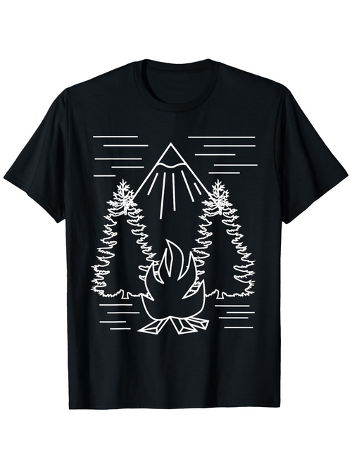 Men's Graphic T-Shirt Minimalist Line Drawing With Pine Trees Campfire And Majestic Mountain