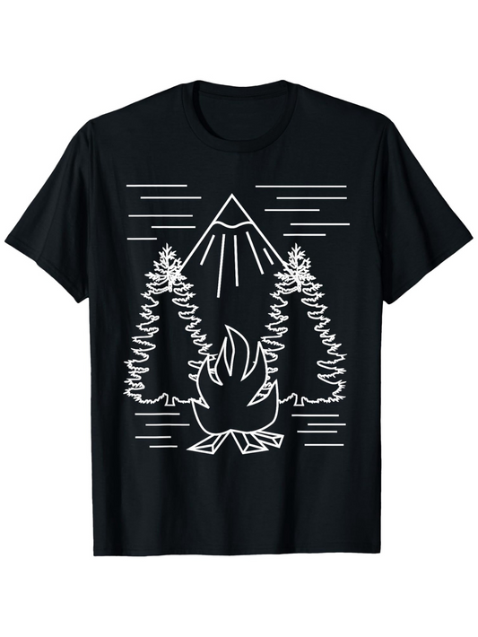 Men's Graphic T-Shirt Minimalist Line Drawing With Pine Trees Campfire And Majestic Mountain