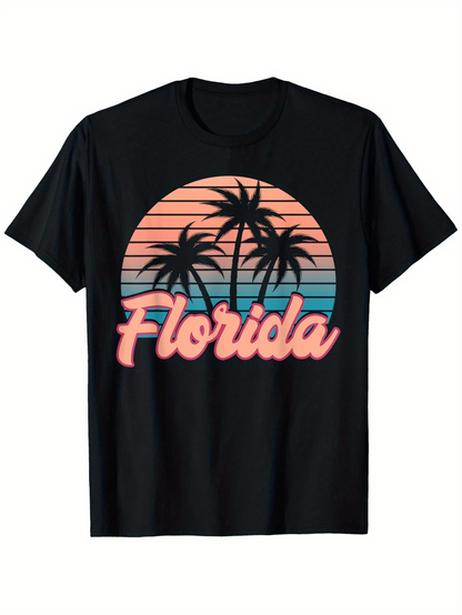 Men's Graphic T-Shirt Florida Sunset Striped Sky Among Silhouetted Palm Tree Scene