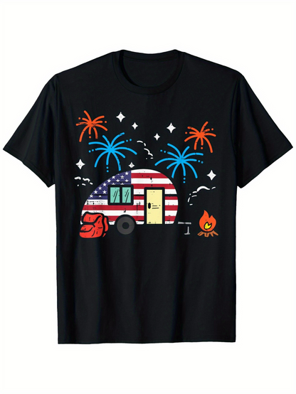 Men's Graphic T-Shirt Patriotic Fireworks With Camping Under Starry Night Camper
