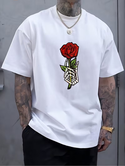 Men's Graphic T-Shirt Skeleton Hand Holding Red Blooming Rose Artwork