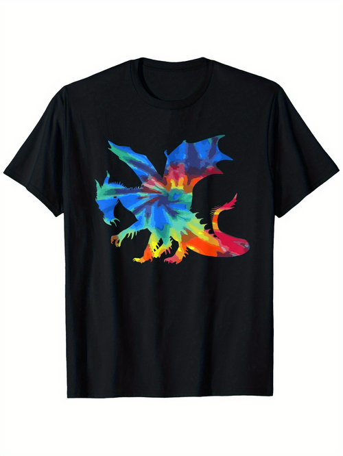 Men's Graphic T-Shirt Vivid Multicolored Swirling Flames With Majestic Abstract Dragon