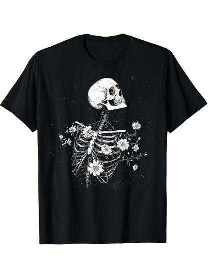 Men's Graphic T-Shirt Blooming Skeleton Surrounded By Wild Flowers And Delicate Petals Skeleton