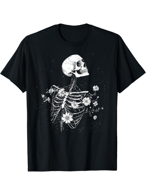 Men's Graphic T-Shirt Blooming Skeleton Surrounded By Wild Flowers And Delicate Petals Skeleton