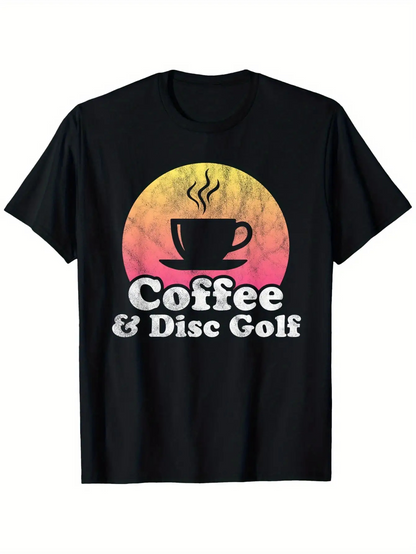 Men's Graphic T-Shirt Coffee And Disc Golf With Rising Sun Behind Steam Cup