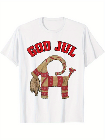 Men's Graphic T-Shirt God Jul Festive Straw Ornament With Red Ribbon Goat