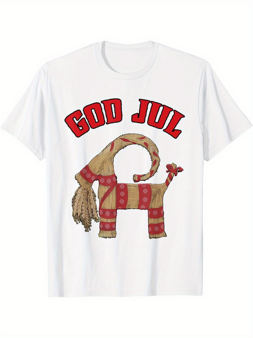 Men's Graphic T-Shirt God Jul Festive Straw Ornament With Red Ribbon Goat
