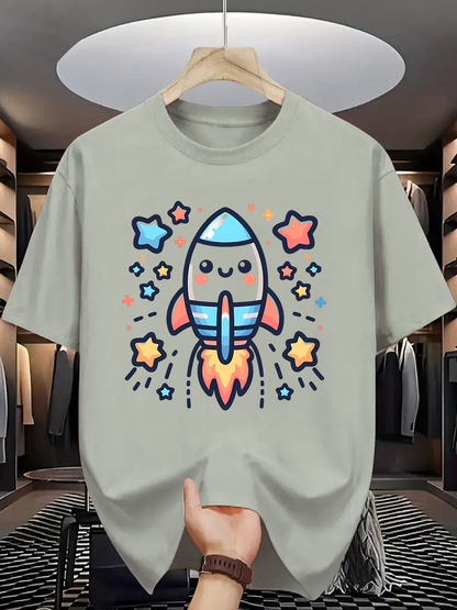 Men's Graphic T-Shirt Cute Cartoon Colorful Stars With Whimsical Smiling Rocket