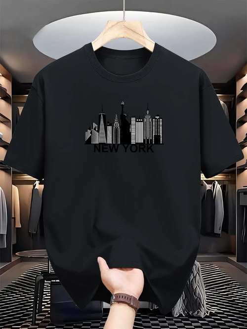 Men's Graphic T-Shirt City Skyline In Monochrome Lines With Urban Night Atmosphere New York