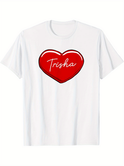 Men's Graphic T-Shirt Trisha Red Heart With Handwritten Style Lettering Centered On White Shirt
