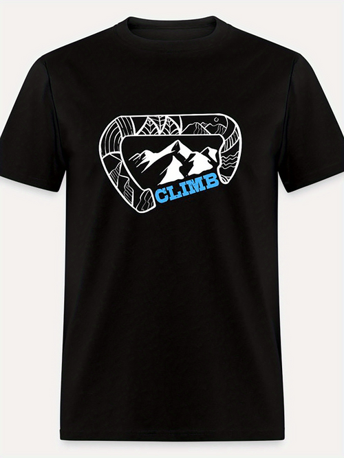 Men's Graphic T-Shirt Blue Climb Lettering With Snowy Mountain Peaks And Monochrome Carabiner