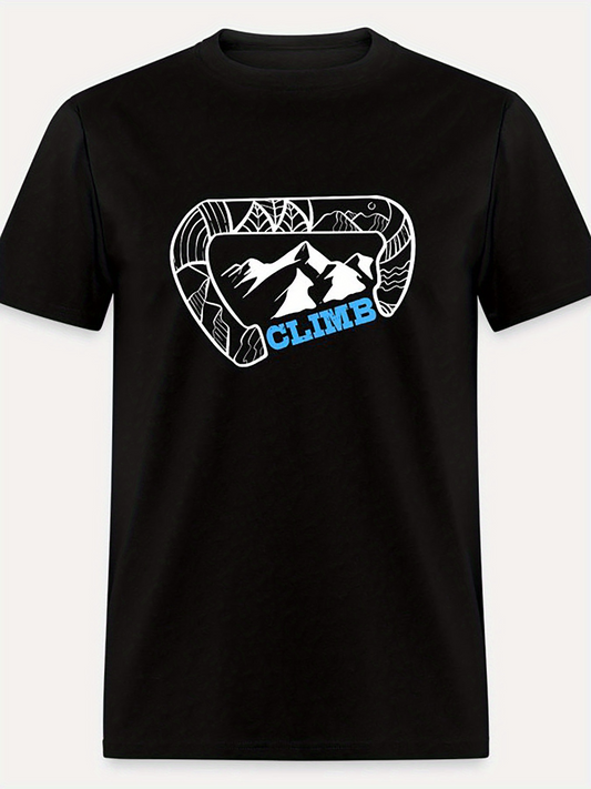 Men's Graphic T-Shirt Blue Climb Lettering With Snowy Mountain Peaks And Monochrome Carabiner