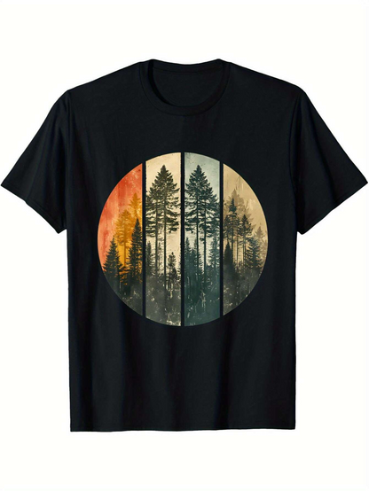 Men's Graphic T-Shirt Moody Forest Silhouette Surrounded By Golden And Orange Hazy Sunlight Trees