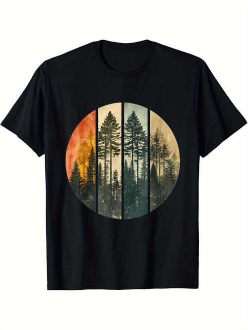 Men's Graphic T-Shirt Moody Forest Silhouette Surrounded By Golden And Orange Hazy Sunlight Trees