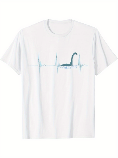 Men's Graphic T-Shirt Heartbeat Waves With Loch Ness Monster Silhouette Among Calm Water Dinosaur